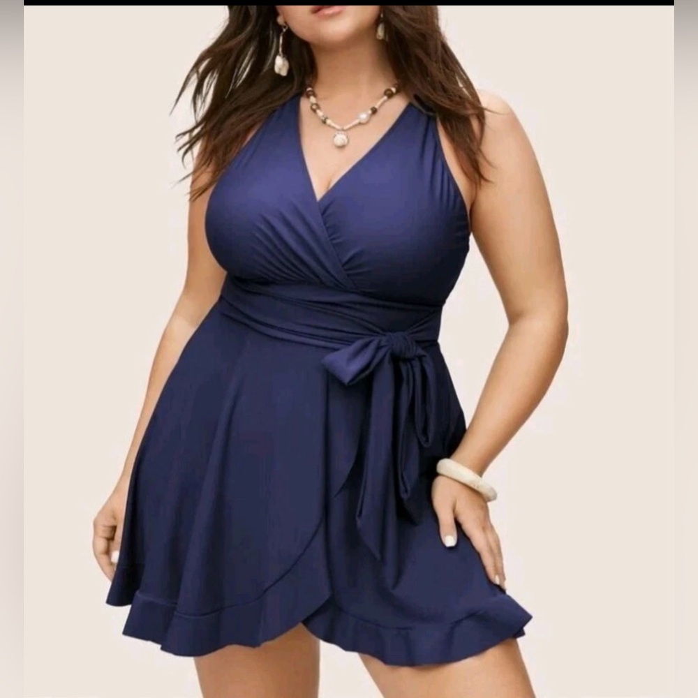 BloomChic Plain Ties Wrap Flutters Swim Dress Crossover Teal Size 14-16 / 1X - Picture 13 of 15